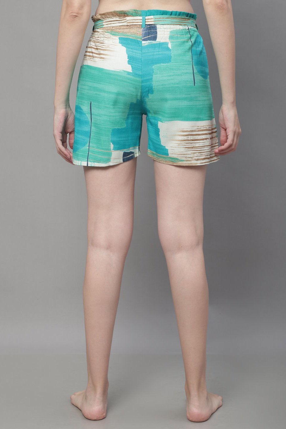 Green Color Abstract Printed Viscose Rayon Shorts For Woman Claura Designs Pvt. Ltd. Lounge Shorts Abstract, Green, Lounge Short, Loungeshort_size, Printed, Rayon, Shorts