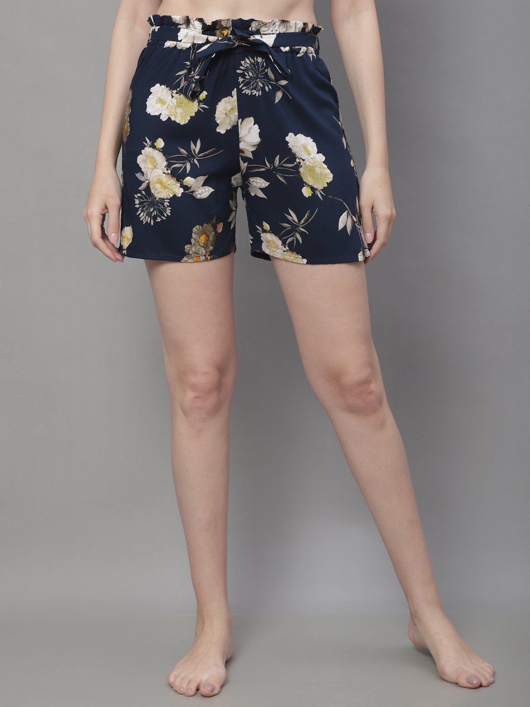 Navy Color Flower Printed Viscose Rayon Shorts For Woman Claura Designs Pvt. Ltd. Lounge Shorts flower printed, Loungeshort_size, Navy Blue, Rayon, short