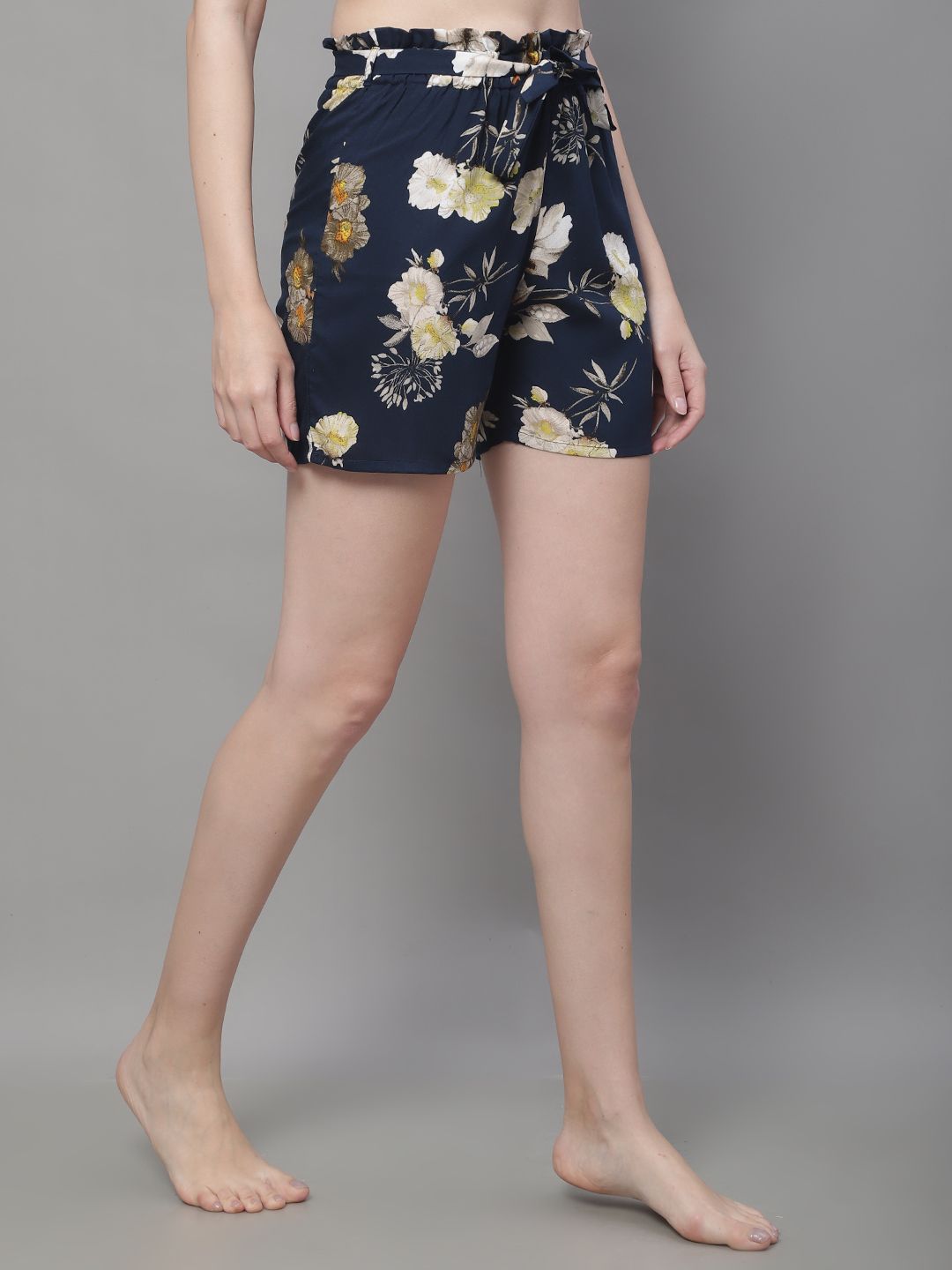 Navy Color Flower Printed Viscose Rayon Shorts For Woman Claura Designs Pvt. Ltd. Lounge Shorts flower printed, Loungeshort_size, Navy Blue, Rayon, short