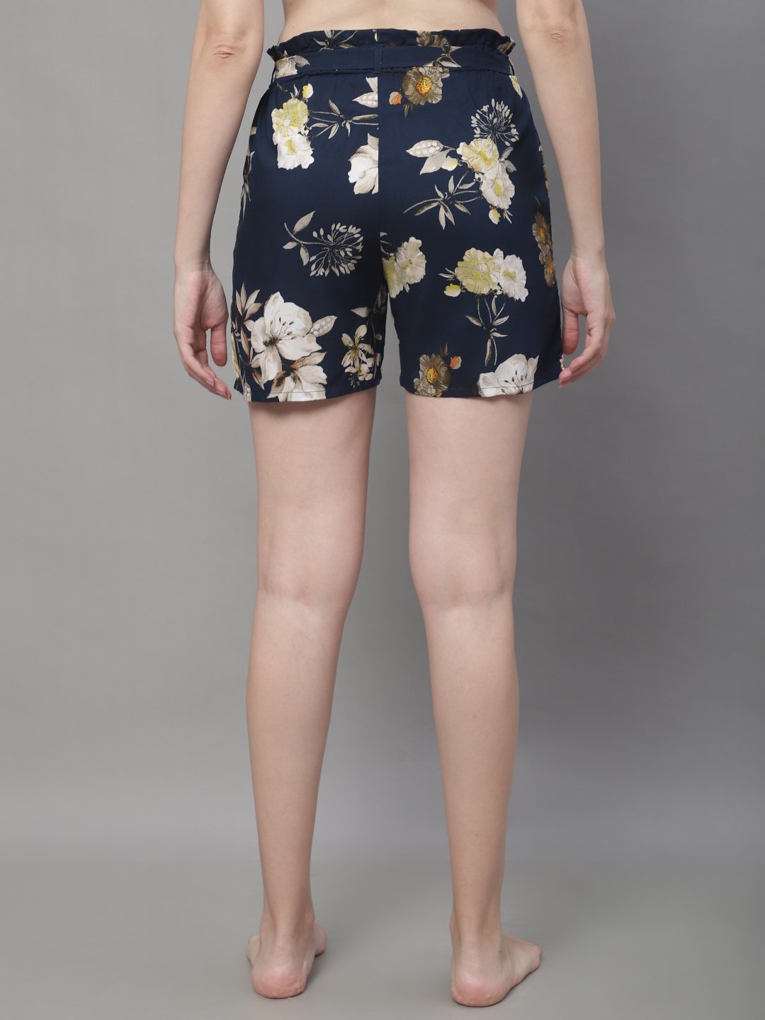 Navy Color Flower Printed Viscose Rayon Shorts For Woman Claura Designs Pvt. Ltd. Lounge Shorts flower printed, Loungeshort_size, Navy Blue, Rayon, short