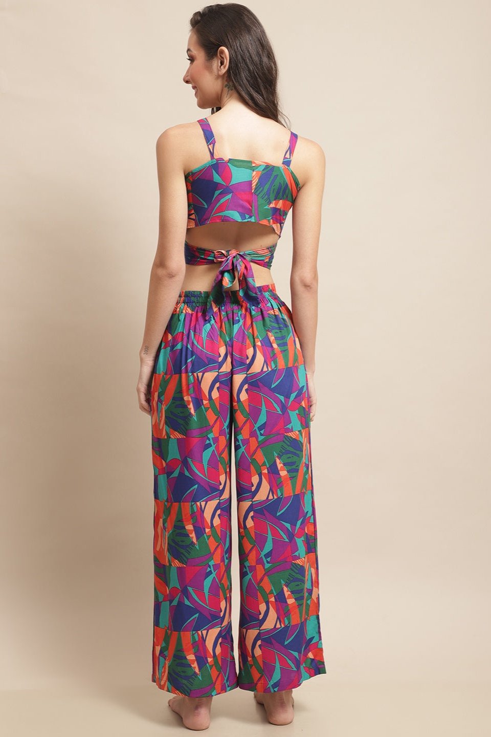 Multi Color Abstract Printed Viscose Rayon Pyjama & Top Beachwear For Woman Claura Designs Pvt. Ltd. Beachwear Beachwear, Beachwear_size, Coverup, multi color, Rayon, Swimwear