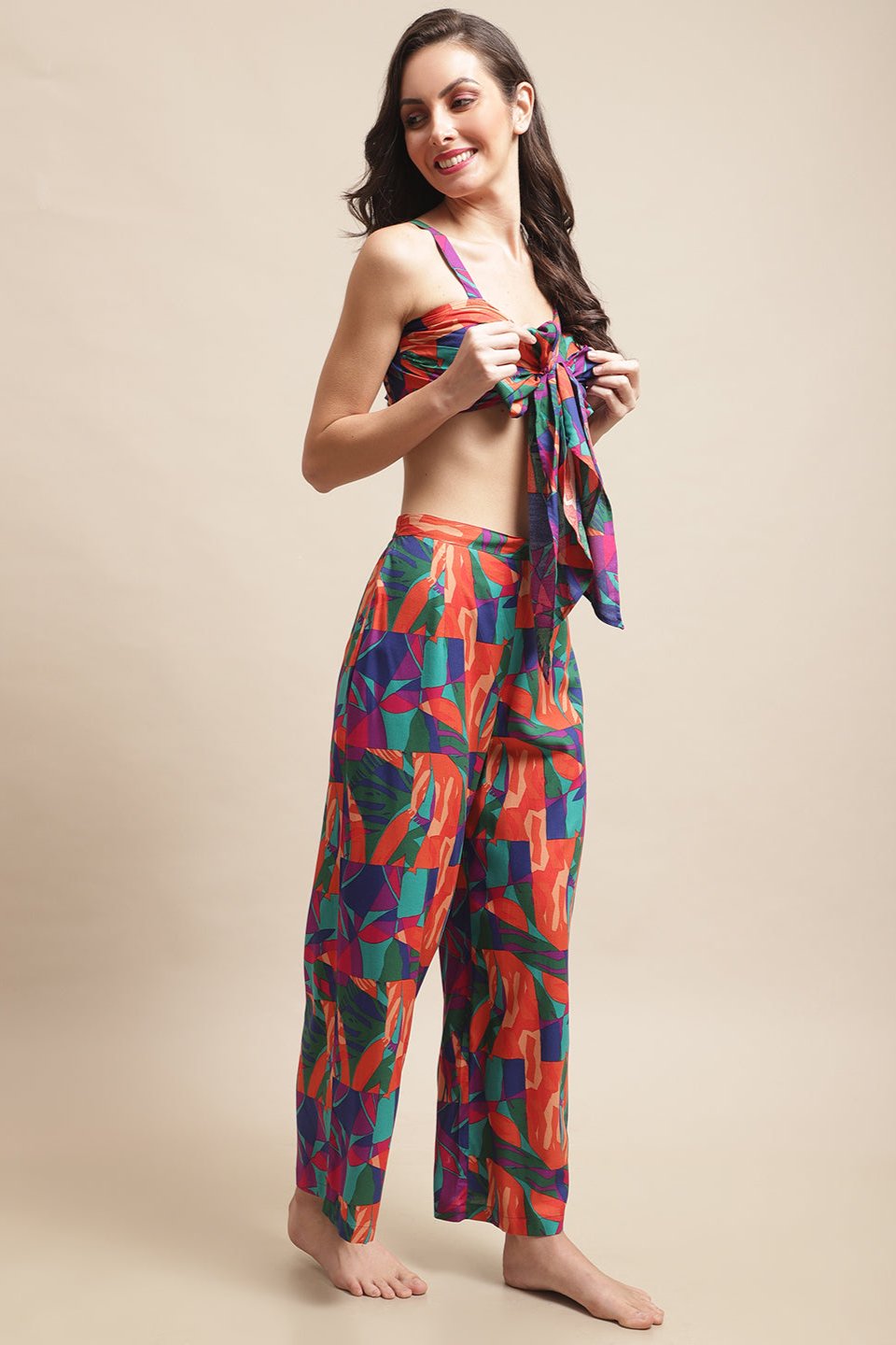 Multi Color Abstract Printed Viscose Rayon Pyjama & Top Beachwear For Woman Claura Designs Pvt. Ltd. Beachwear Beachwear, Beachwear_size, Coverup, multi color, Rayon, Swimwear