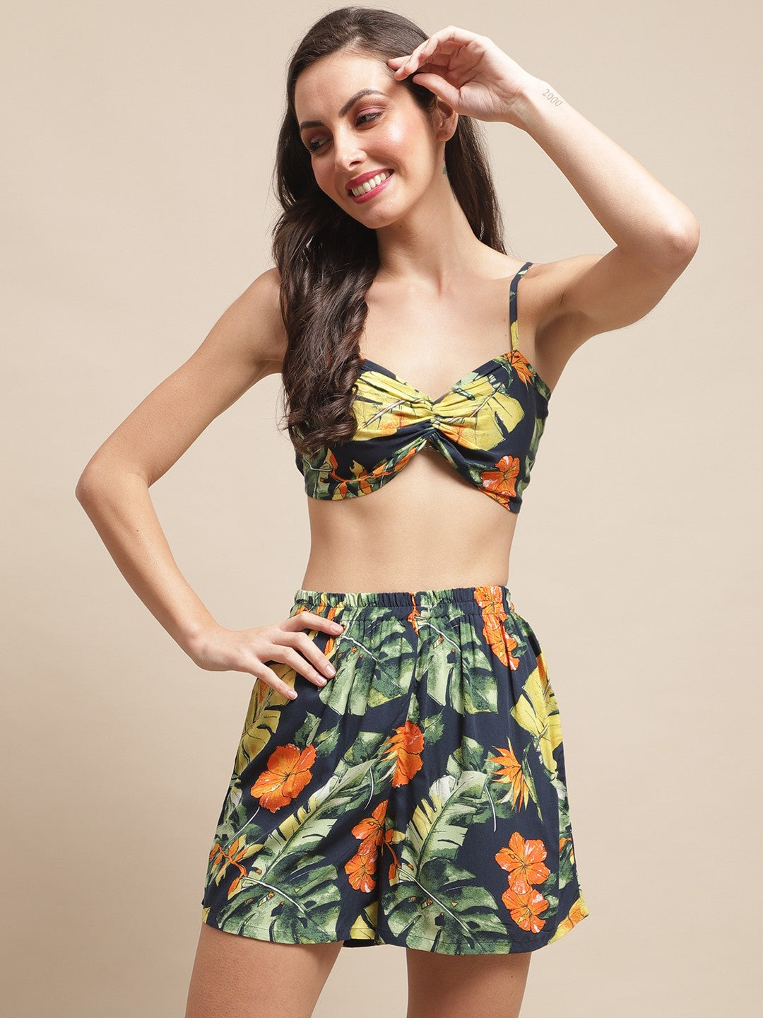 Navy Color Tropical Printed Viscose Rayon 3 pcs Coverup Set With Robe Beachwear For Woman Claura Designs Pvt. Ltd. Beachwear Beachwear, Beachwear_size, Coverup, Navy Blue, Rayon, Swimwear, tropical