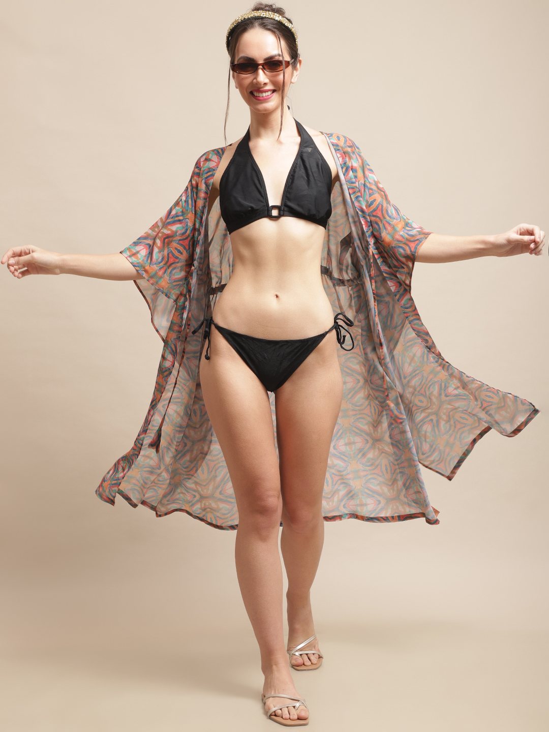 Multi Color Abstract Printed Georgette Coverup Robe Beachwear For Woman Claura Designs Pvt. Ltd. Beachwear Abstract Printed, Beachwear, Coverup, Georgette, multi color, Swimwear