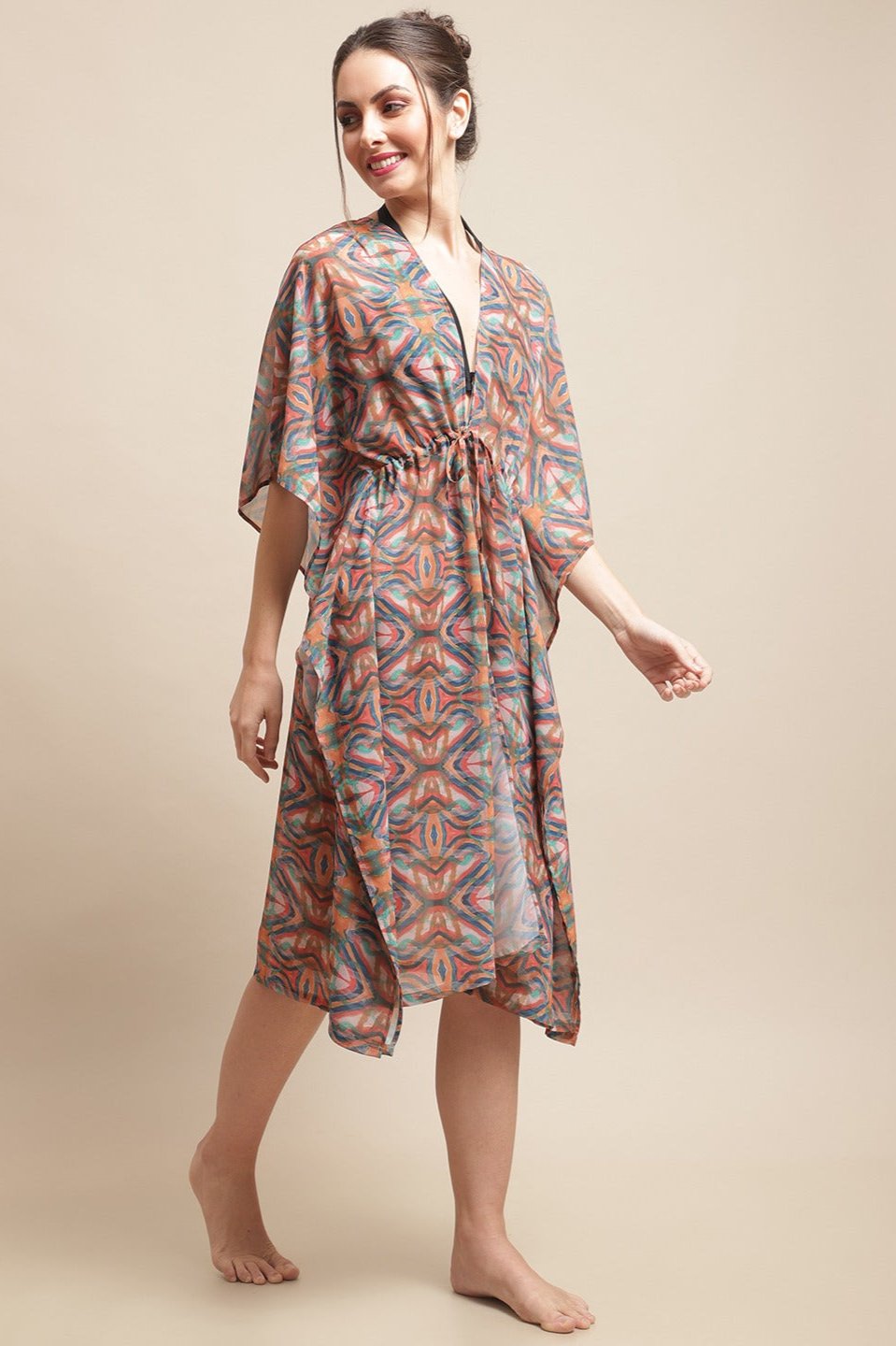 Multi Color Abstract Printed Georgette Coverup Robe Beachwear For Woman Claura Designs Pvt. Ltd. Beachwear Abstract Printed, Beachwear, Coverup, Georgette, multi color, Swimwear