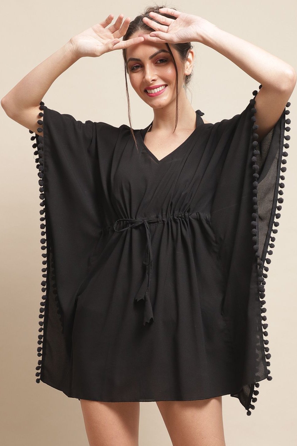 Black Color Solid Printed Georgette Coverup Beachwear Kaftan For Woman Claura Designs Pvt. Ltd. Kaftan Beachwear, black, georgette, kaftan, kaftan_freesize, Printed, solid, Swimwear, V-Neck
