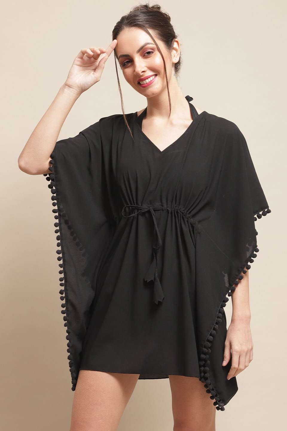 Black Color Solid Printed Georgette Coverup Beachwear Kaftan For Woman Claura Designs Pvt. Ltd. Kaftan Beachwear, black, georgette, kaftan, kaftan_freesize, Printed, solid, Swimwear, V-Neck