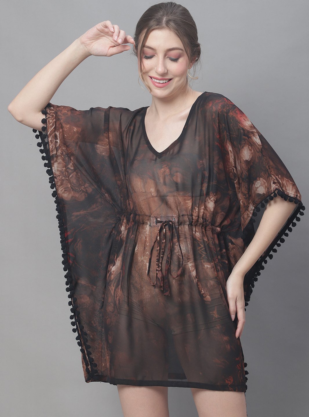 Brown Color Abstract Printed Georgette Coverup Beachwear Kaftan For Woman Claura Designs Pvt. Ltd. Kaftan Beachwear, brown, Coverup, kaftan, kaftan_freesize, Printed, Swimwear, V-Neck