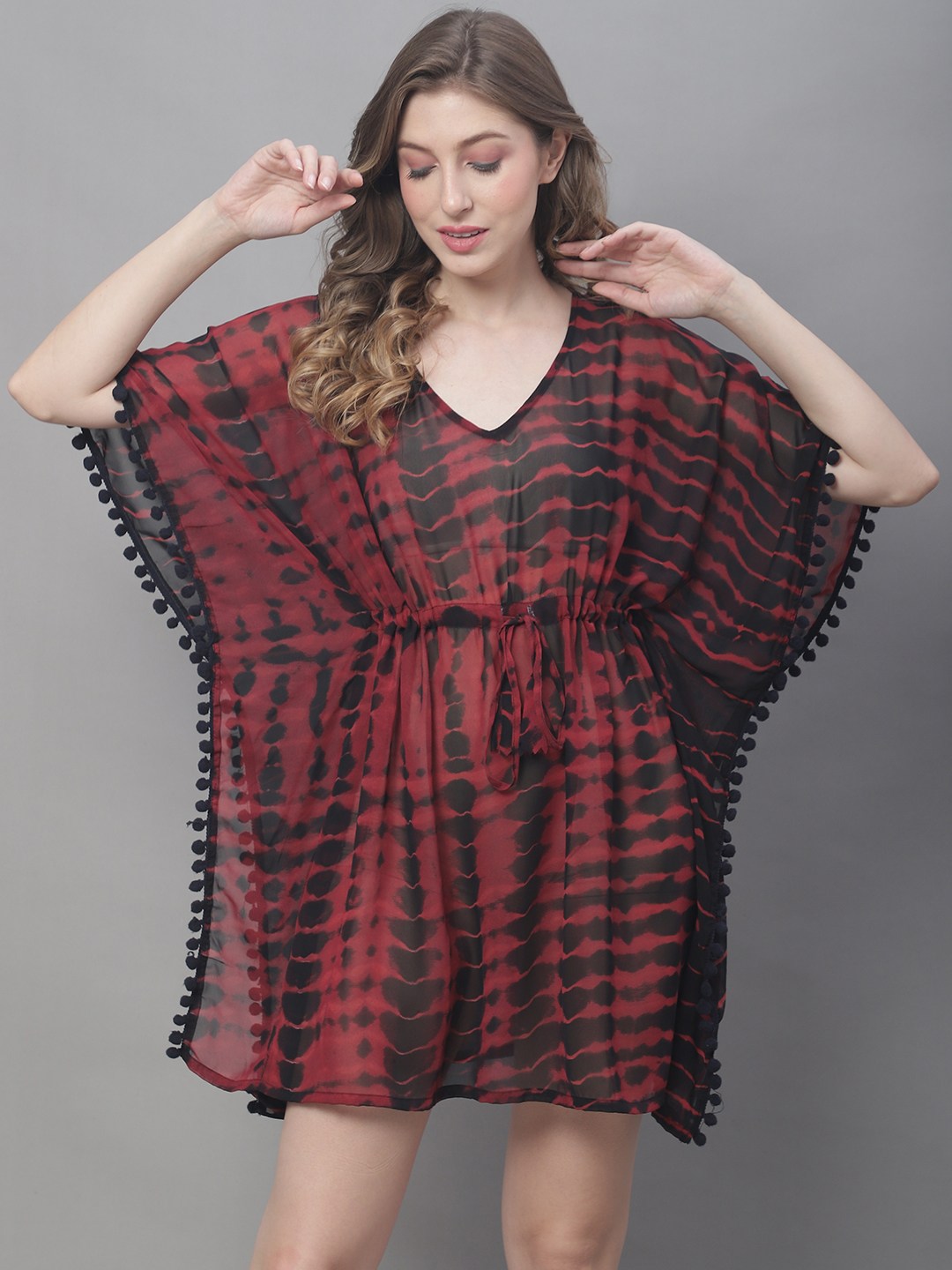 Maroon Color Tie and Dye Printed Georgette Coverup Beachwear Kaftan For Woman Claura Designs Pvt. Ltd. Kaftan Beachwear, Coverup, Georgette, kaftan, kaftan_freesize, Maroon, Swimwear