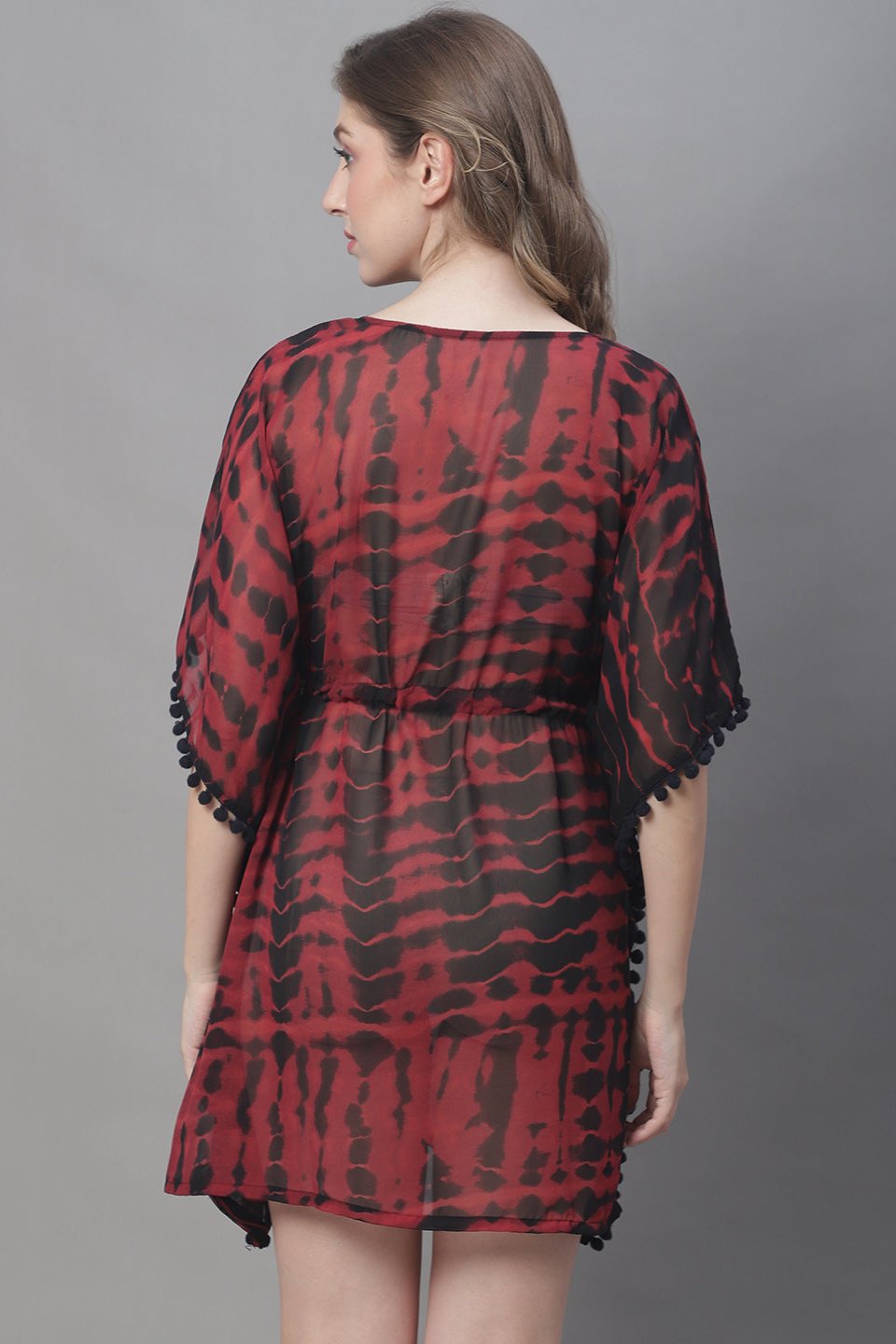 Maroon Color Tie and Dye Printed Georgette Coverup Beachwear Kaftan For Woman Claura Designs Pvt. Ltd. Kaftan Beachwear, Coverup, Georgette, kaftan, kaftan_freesize, Maroon, Swimwear