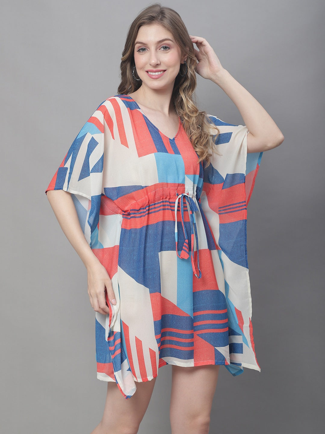 Blue Color Abstract Georgette Coverup Beachwear Kaftan For Woman Claura Designs Pvt. Ltd. Kaftan blue, Coverup, Georgette, kaftan, Kaftan_allsizes, Printed, Swimwear, V-Neck