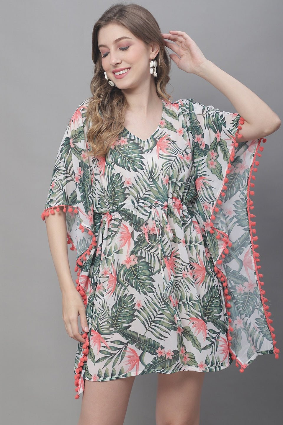 Green Color Tropical Printed Georgette Coverup Beachwear For Woman Claura Designs Pvt. Ltd. Kaftan Beachwear, Coverup, Free Size, Green, kaftan_freesize, Resortwear, Swimwear, tropical