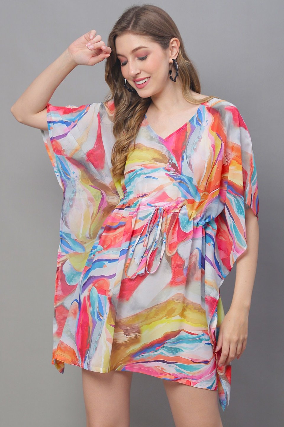 Multi Color Abstract Printed Georgette Coverup Beachwear Kftan For Woman Claura Designs Pvt. Ltd. Kaftan Beachwear, Coverup, Free Size, Georgette, kaftan_freesize, multi color, Swimwear