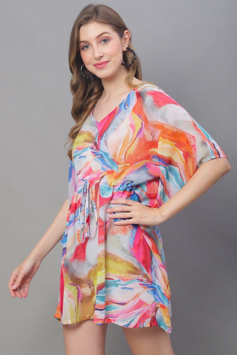 Multi Color Abstract Printed Georgette Coverup Beachwear Kftan For Woman Claura Designs Pvt. Ltd. Kaftan Beachwear, Coverup, Free Size, Georgette, kaftan_freesize, multi color, Swimwear