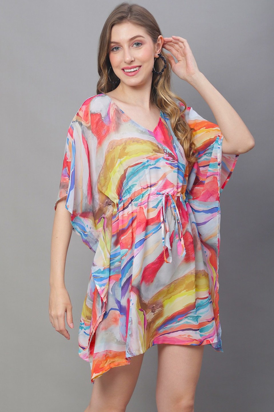 Multi Color Abstract Printed Georgette Coverup Beachwear Kftan For Woman Claura Designs Pvt. Ltd. Kaftan Beachwear, Coverup, Free Size, Georgette, kaftan_freesize, multi color, Swimwear