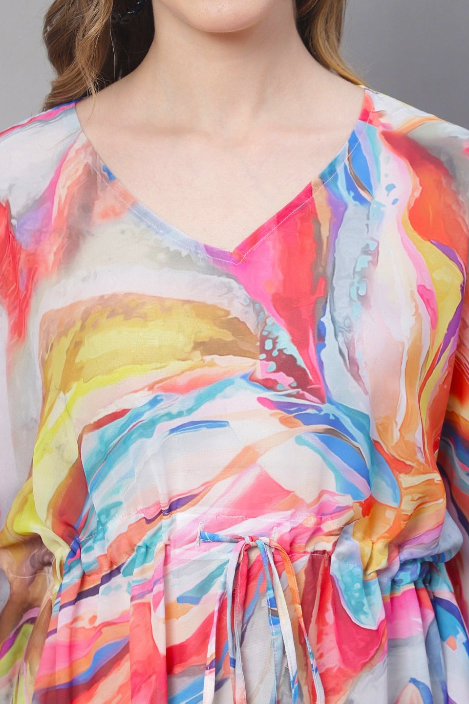 Multi Color Abstract Printed Georgette Coverup Beachwear Kftan For Woman Claura Designs Pvt. Ltd. Kaftan Beachwear, Coverup, Free Size, Georgette, kaftan_freesize, multi color, Swimwear