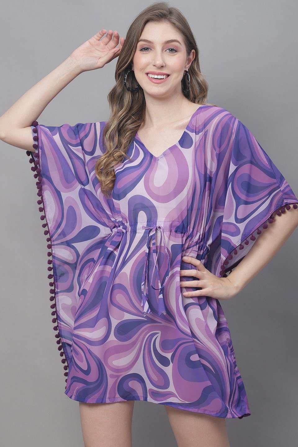 Purple Color Abstract Printed Georgette Coverup Beachwear Kaftan For Woman Claura Designs Pvt. Ltd. Kaftan Beachwear, Beachwear_size, Coverup, kaftan, kaftan_freesize, Purple, Swimwear