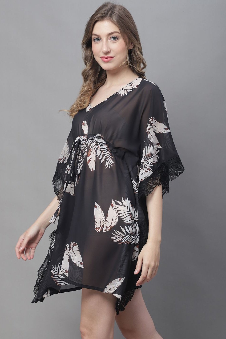 Black Color Tropical Printed Georgette Coverup Beachwear kaftan For Woman Claura Designs Pvt. Ltd. Kaftan Black, Coverup, Georgette, kaftan, kaftan_freesize, Printed, Swimwear, V-Neck