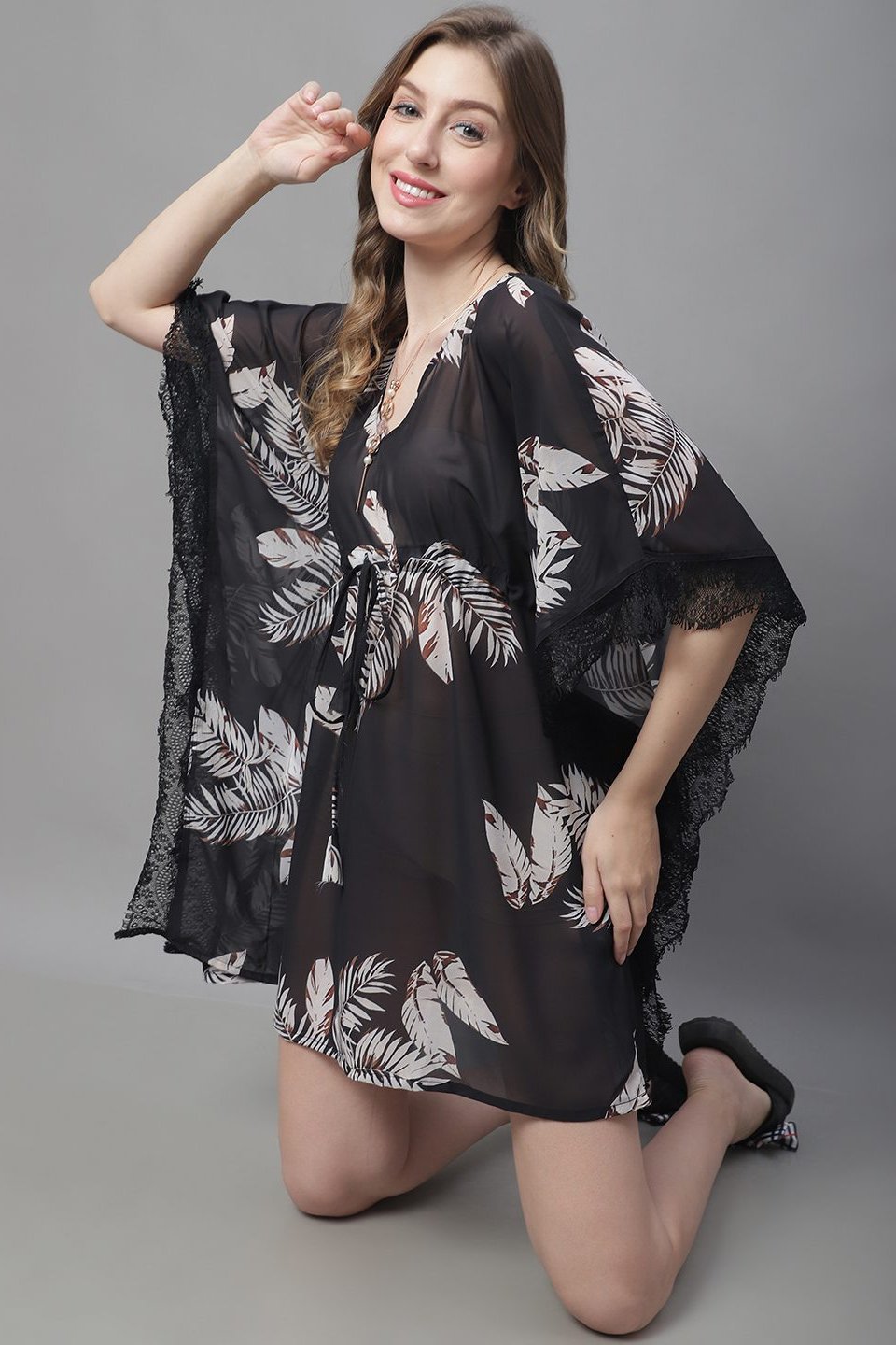 Black Color Tropical Printed Georgette Coverup Beachwear kaftan For Woman Claura Designs Pvt. Ltd. Kaftan Black, Coverup, Georgette, kaftan, kaftan_freesize, Printed, Swimwear, V-Neck