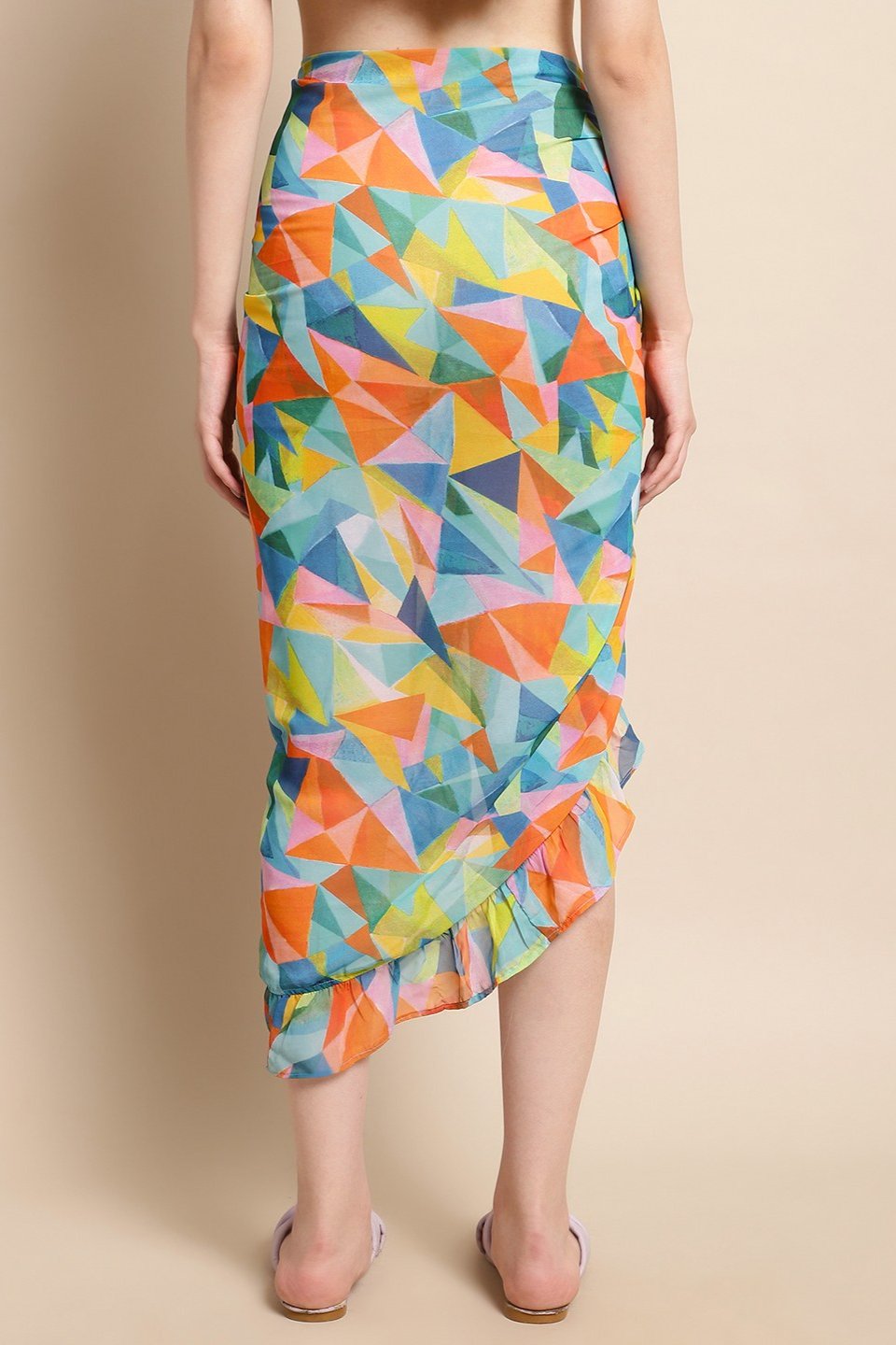 Multi Color Geometric Printed Georgette Bottom Coverup Sarong For Women Claura Designs Pvt. Ltd. Beachwear Beachwear_size, Cover-up, Coverup, georgette, multi color, Sarong, Swimwear