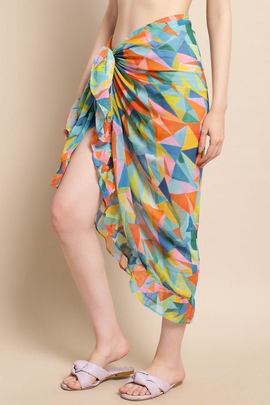 Multi Color Geometric Printed Georgette Bottom Coverup Sarong For Women Claura Designs Pvt. Ltd. Beachwear Beachwear_size, Cover-up, Coverup, georgette, multi color, Sarong, Swimwear