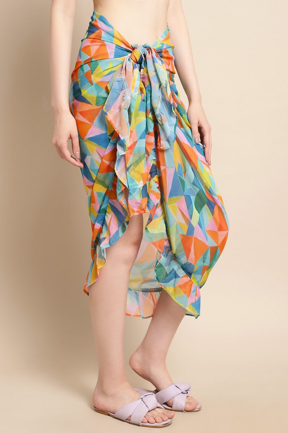 Multi Color Geometric Printed Georgette Bottom Coverup Sarong For Women Claura Designs Pvt. Ltd. Beachwear Beachwear_size, Cover-up, Coverup, georgette, multi color, Sarong, Swimwear
