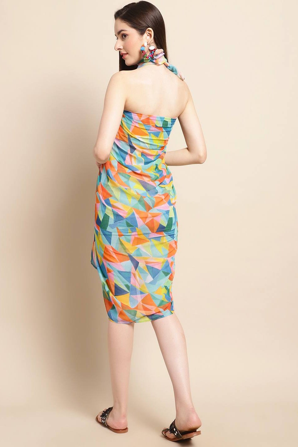 Multi Color Geometric Printed Georgette Swimwear Cover Up Sarong For Women Claura Designs Pvt. Ltd. Sarong Cover-up, Coverup, Free Size, georgette, multi color, Sarong, Swimwear