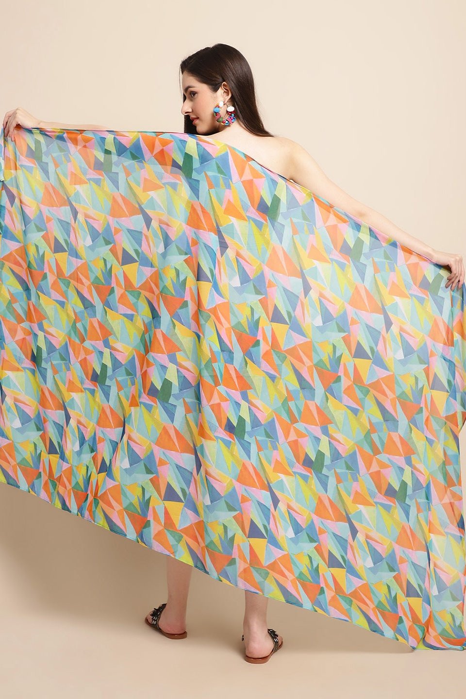 Multi Color Geometric Printed Georgette Swimwear Cover Up Sarong For Women Claura Designs Pvt. Ltd. Sarong Cover-up, Coverup, Free Size, georgette, multi color, Sarong, Swimwear