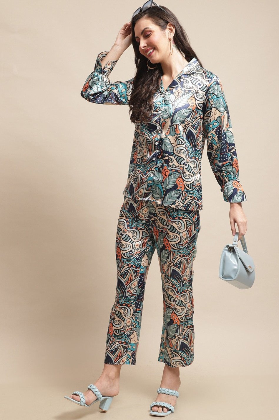 Woman wearing a multi-color abstract Co-Ord Set