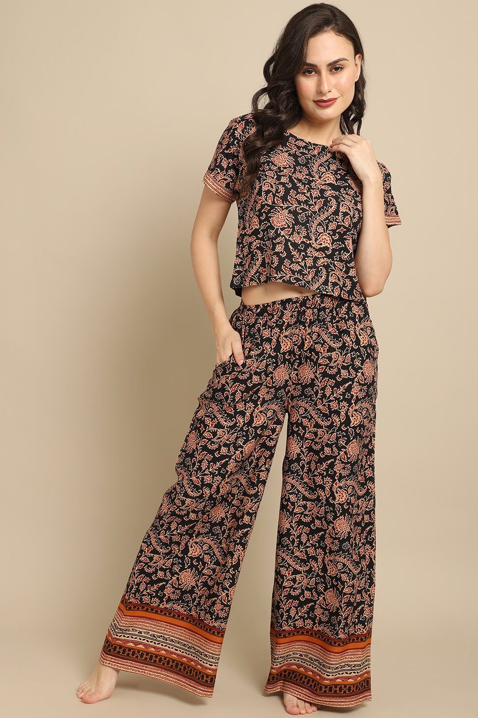 Black Abstract Printed Viscose Rayon Night Suit for Women by Claura
