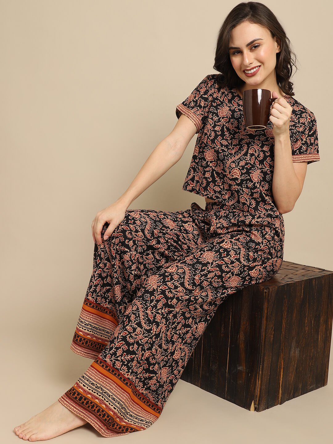 Black Abstract Printed Viscose Rayon Night Suit for Women by Claura