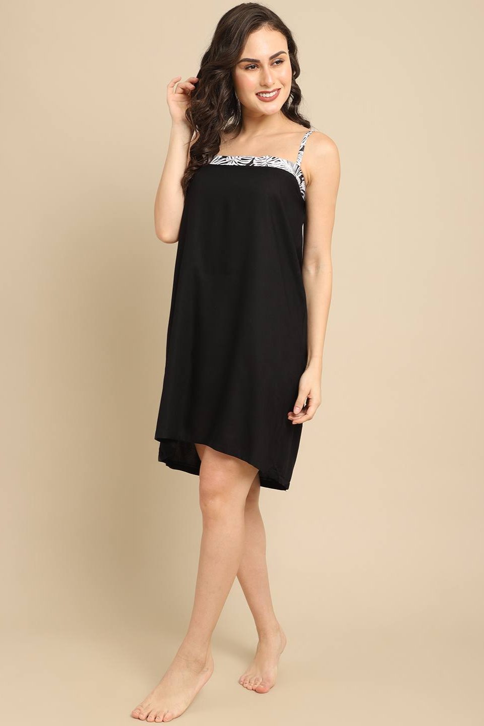 Black Color Tropical Printed Viscose Rayon Nityrob For Women Claura Designs Pvt. Ltd. Robe Black, Kaftan_allsizes, Nightdress, Nighty Robe, Printed, Rayon, round neck, tropical