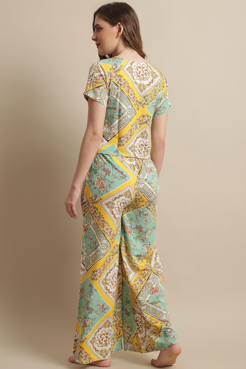 Yellow Floral Printed Viscose Rayon Night Suit for Women by Claura