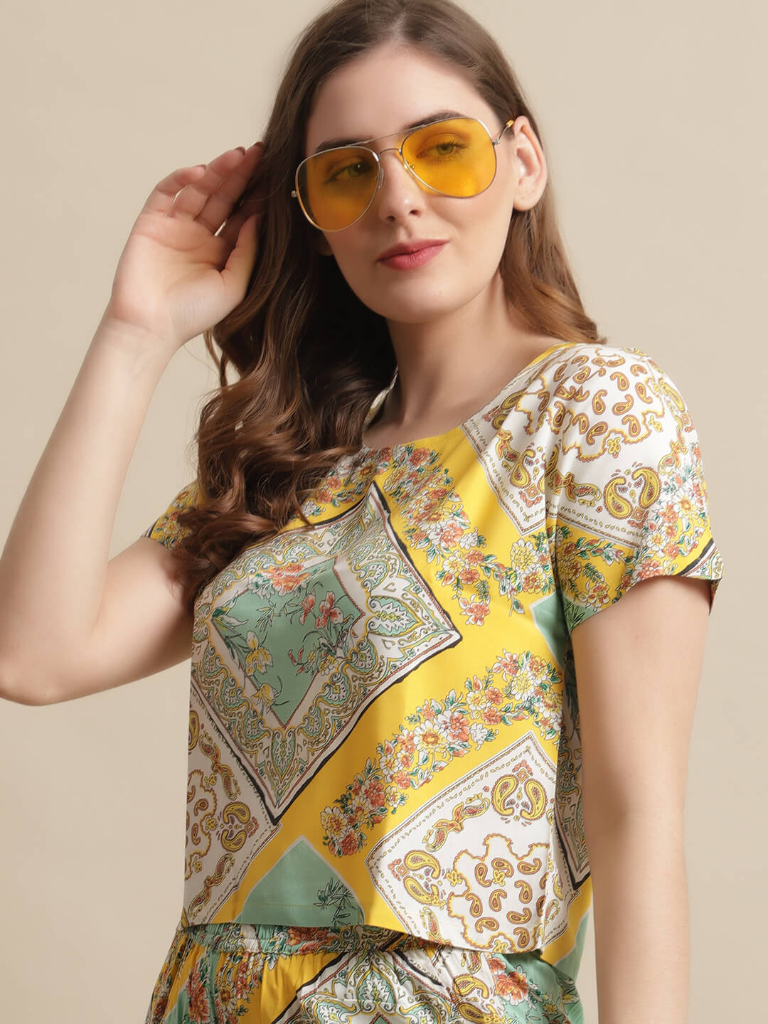 Yellow Floral Printed Viscose Rayon Night Suit for Women by Claura
