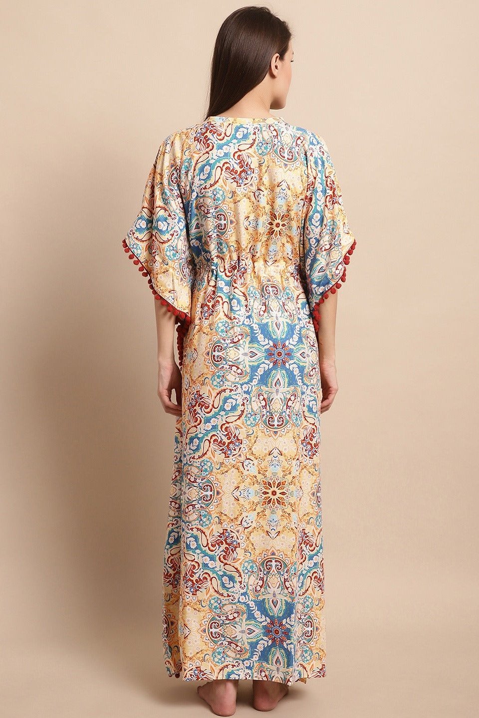 Multicolor Flared Printed Viscose Rayon Kaftan For Woman Claura Designs Pvt. Ltd. Kaftan kaftan, kaftan_freesize, multi color, Nightdress, Printed, Rayon, Sleepwear, V-Neck