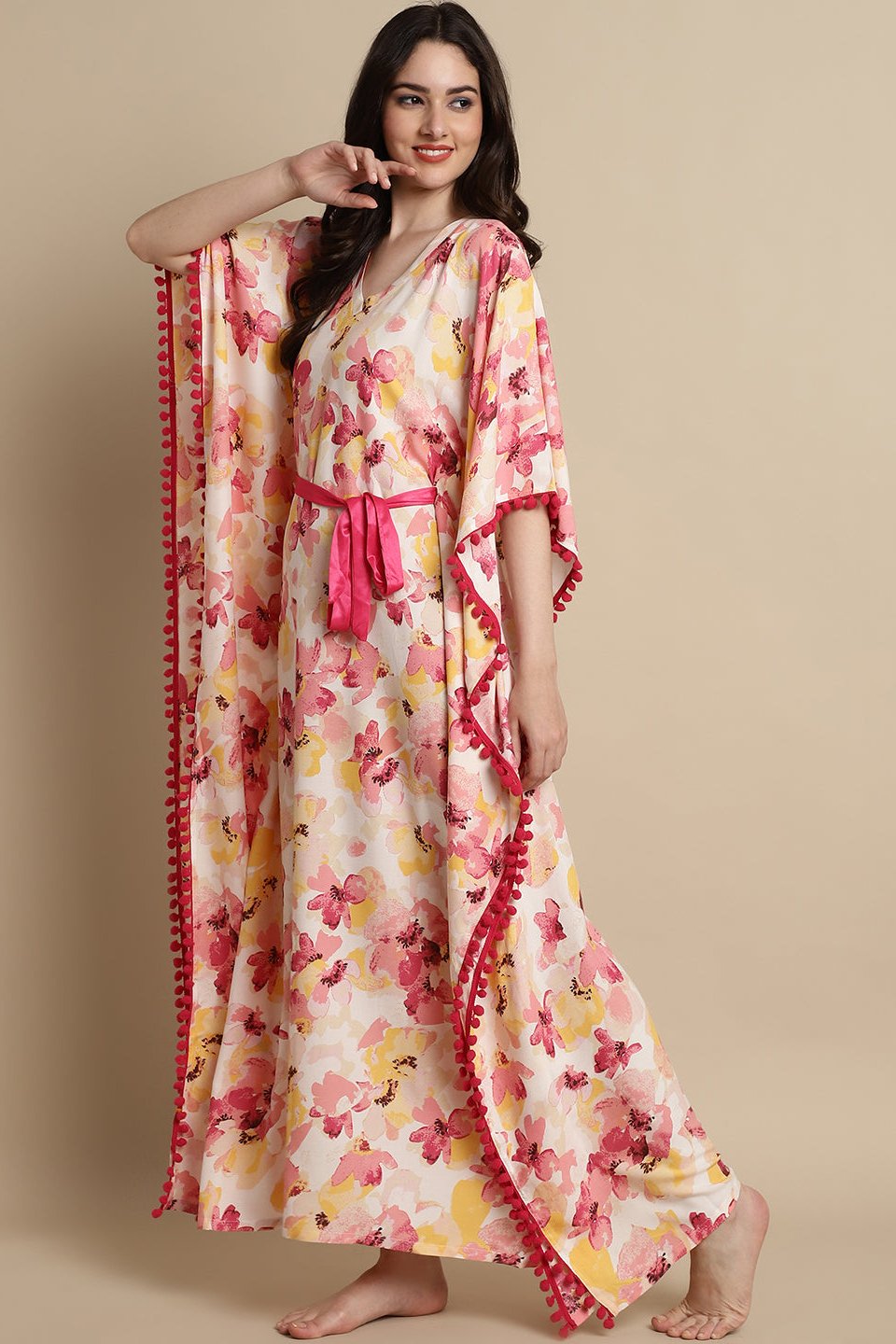 Pink Color Floral Printed Viscose Rayon Kaftan For Women Claura Designs Pvt. Ltd. Kaftan Floral, kaftan, kaftan_freesize, Nightdress, Pink, Printed, Sleepwear, V-Neck