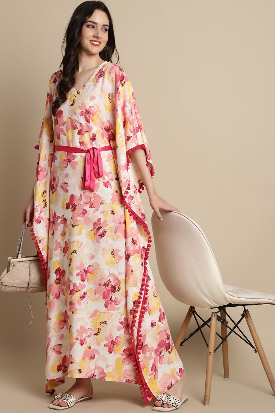 Pink Color Floral Printed Viscose Rayon Kaftan For Women Claura Designs Pvt. Ltd. Kaftan Floral, kaftan, kaftan_freesize, Nightdress, Pink, Printed, Sleepwear, V-Neck