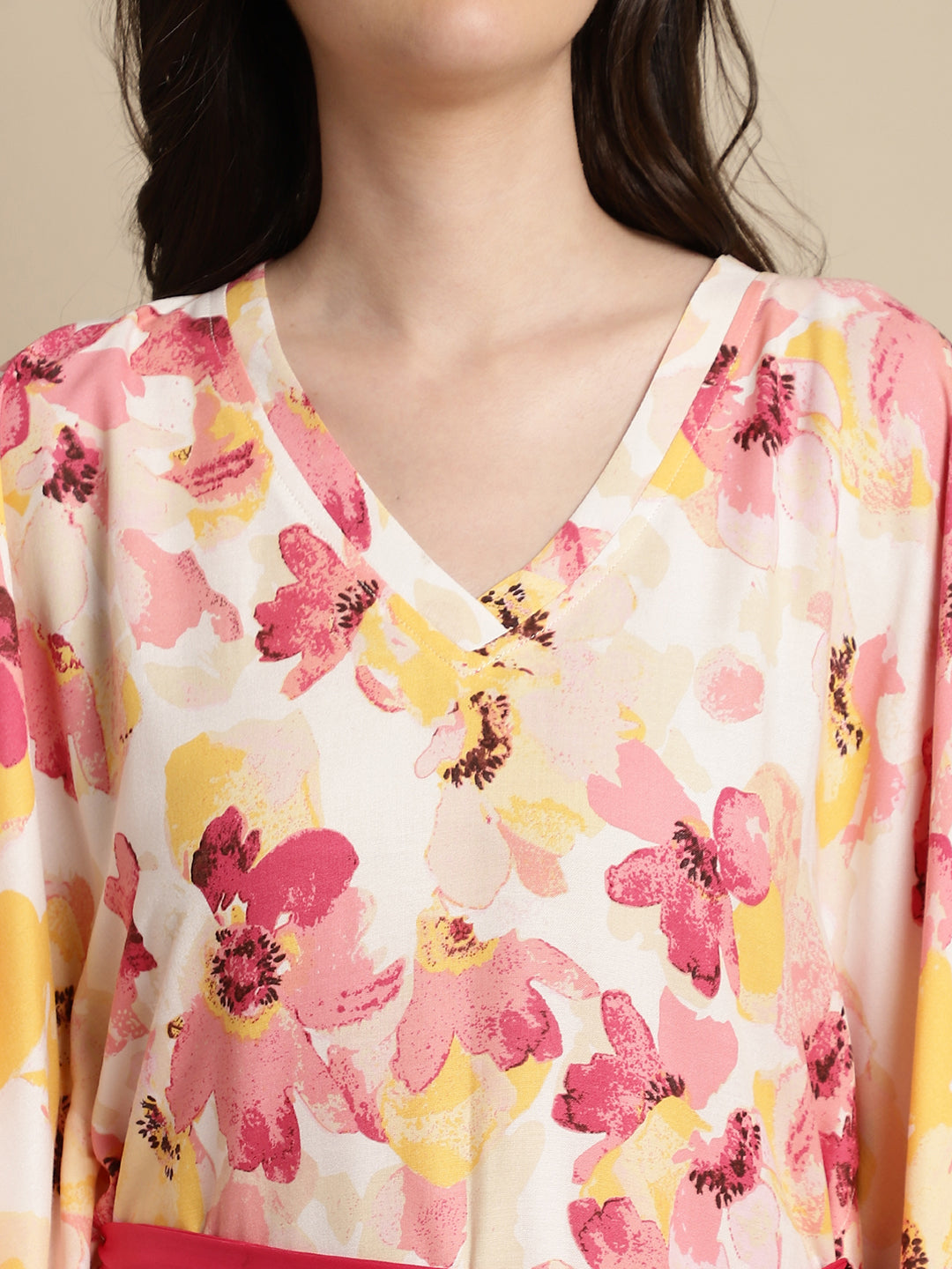 Pink Color Floral Printed Viscose Rayon Kaftan For Women Claura Designs Pvt. Ltd. Kaftan Floral, kaftan, kaftan_freesize, Nightdress, Pink, Printed, Sleepwear, V-Neck