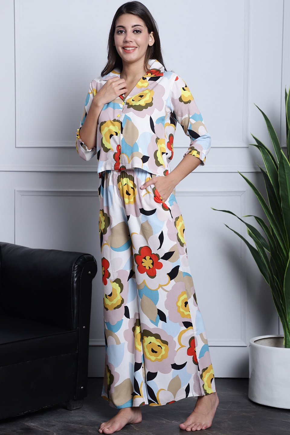 Multi-Color Printed Night Suit with V-Neck Top and Half Sleeves
