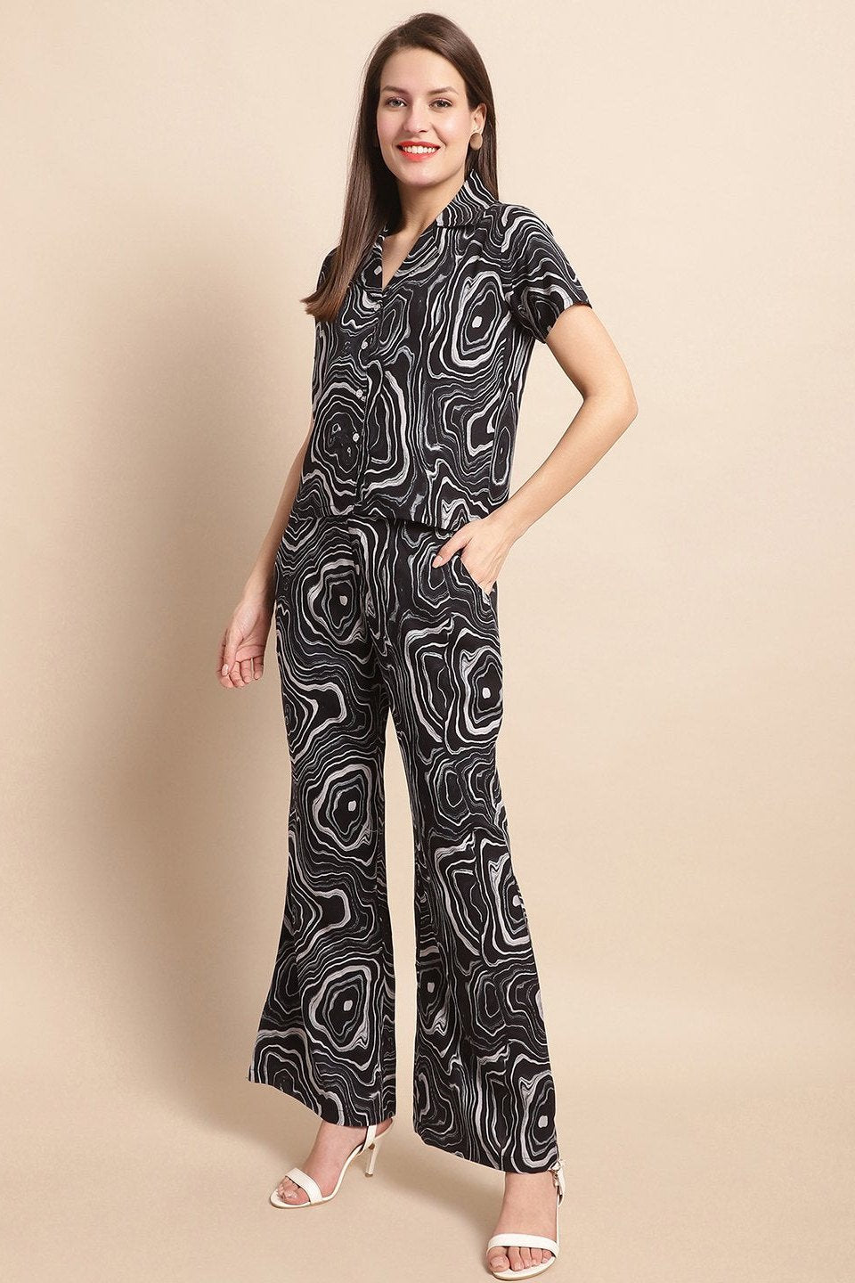 Black co-ord set with a collared top and matching bottoms