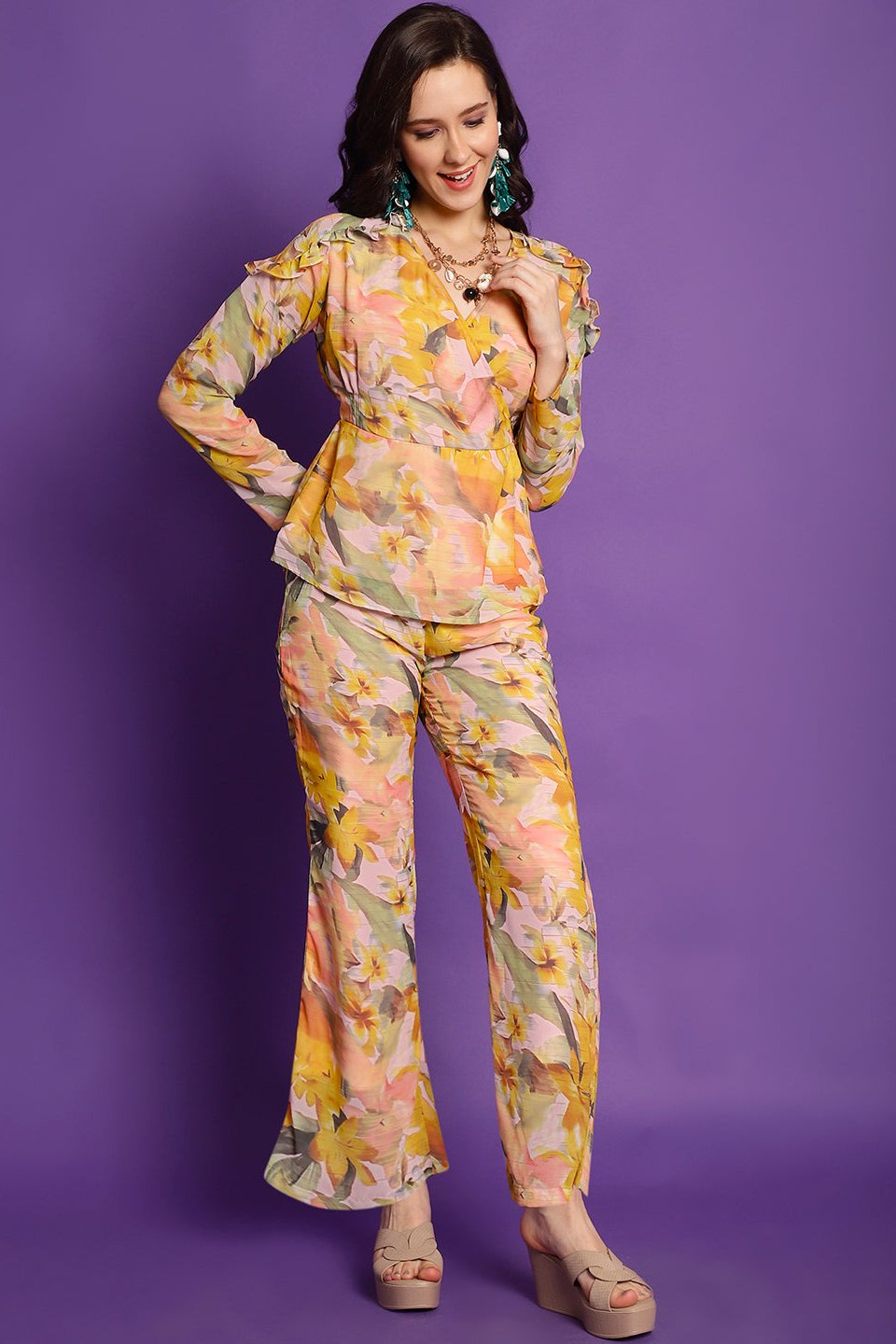 Yellow Co-Ord Set with Palazzo pants & V-Neck top