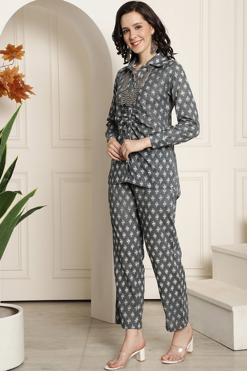 Lifestyle shot of the grey floral cotton Co-Ord Set.