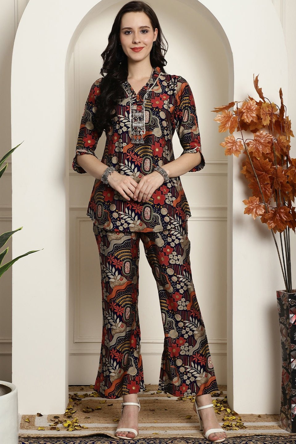 Navy Blue Abstract Printed Chanderi Silk Tunic with Palazzos Co-Ord Set for Women | Claura
