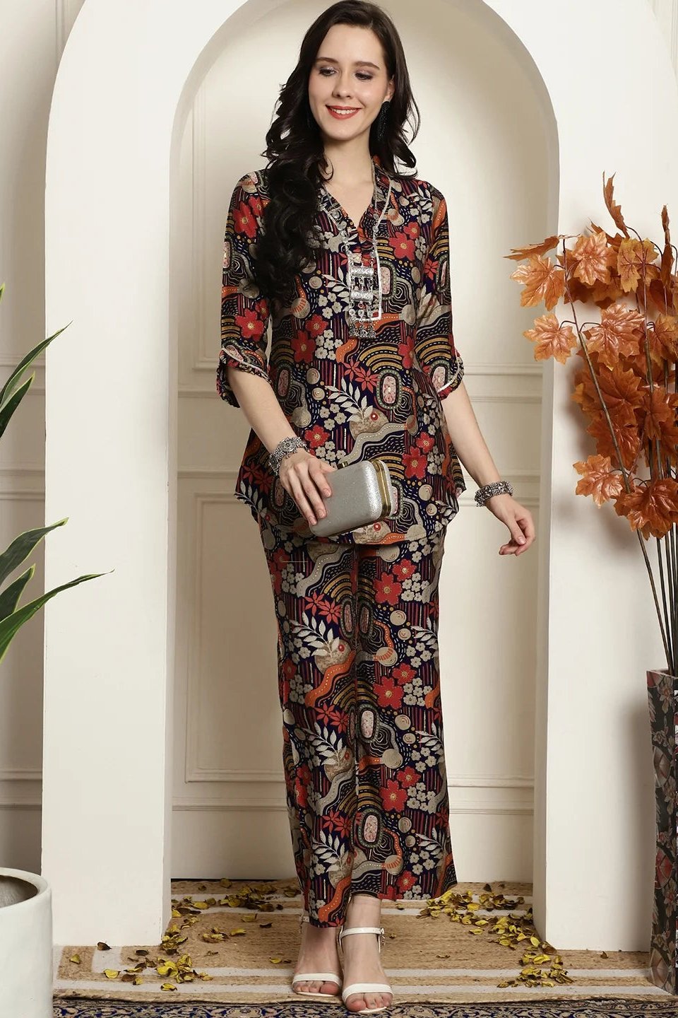 Navy Blue Abstract Printed Chanderi Silk Tunic with Palazzos Co-Ord Set for Women | Claura