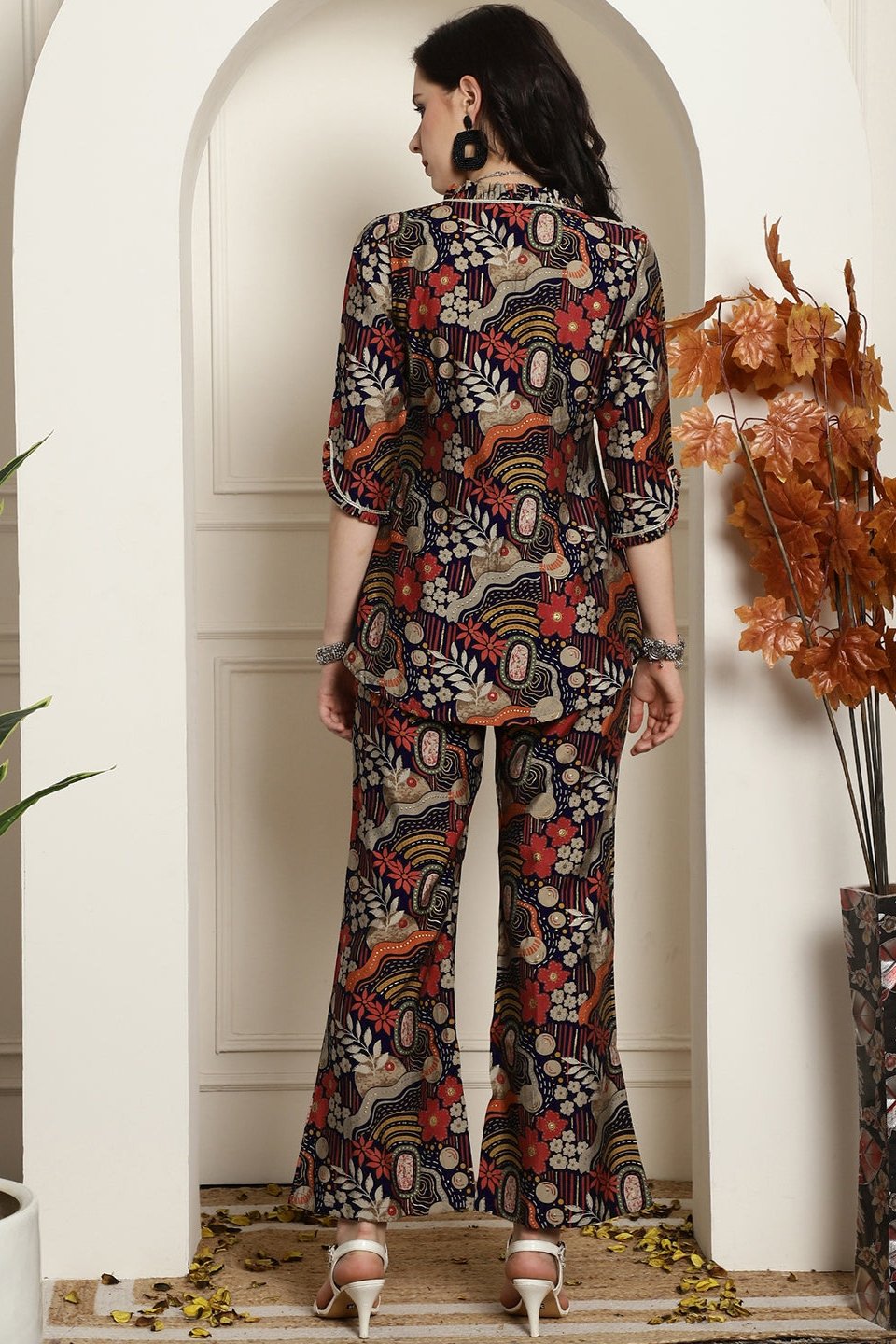 Navy Blue Abstract Printed Chanderi Silk Tunic with Palazzos Co-Ord Set for Women | Claura