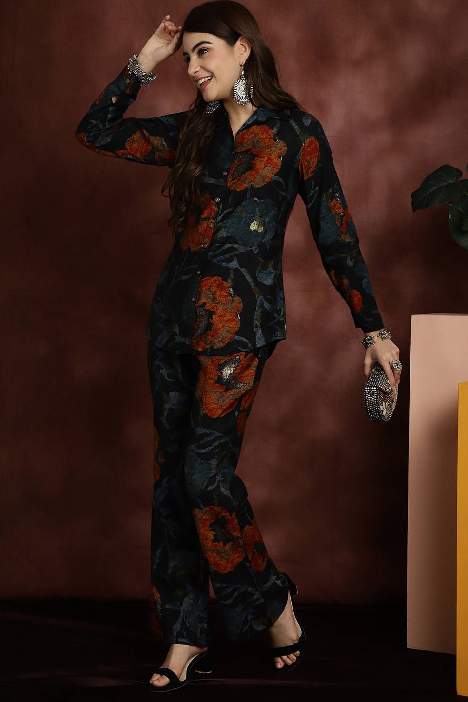Lifestyle shot of Motif Printed Co-Ord Set at a cafe