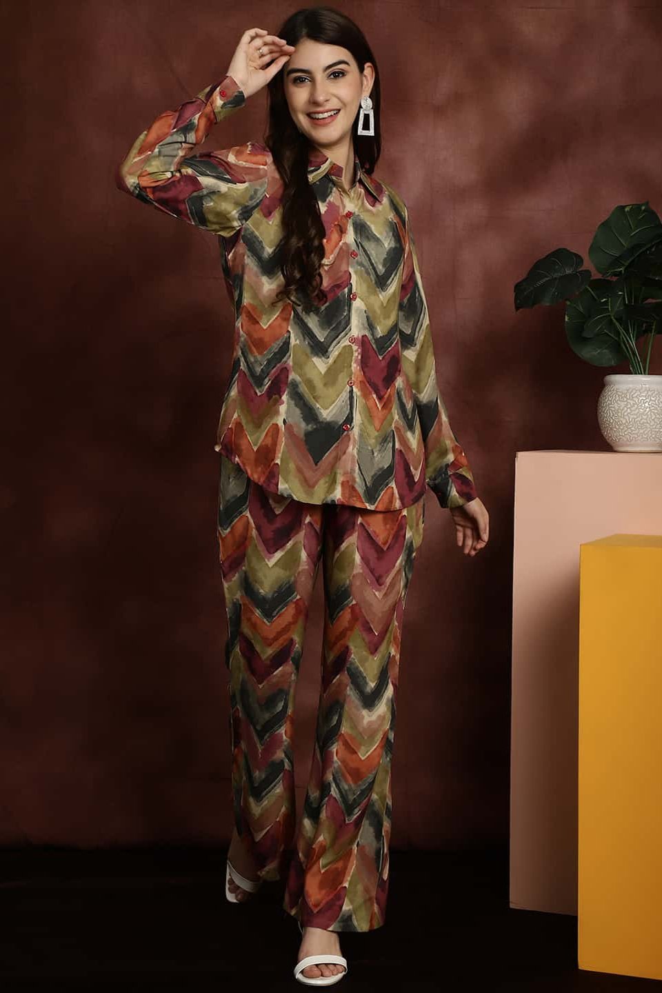 Green Abstract Printed Viscose Rayon Shirt with Trousers Co-Ord Set for Women | Claura