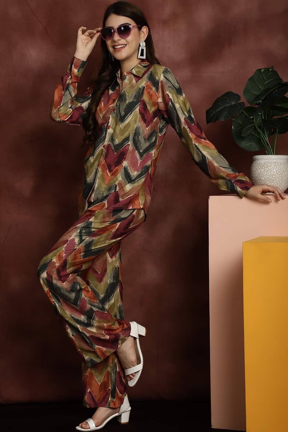 Green Abstract Printed Viscose Rayon Shirt with Trousers Co-Ord Set for Women | Claura