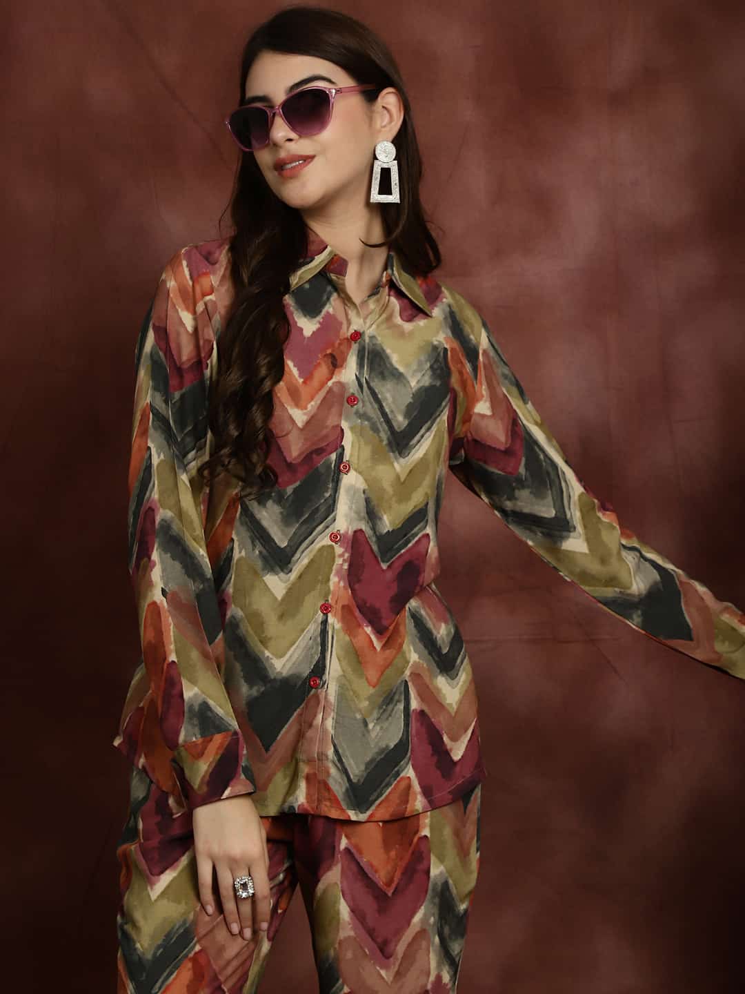 Green Abstract Printed Viscose Rayon Shirt with Trousers Co-Ord Set for Women | Claura