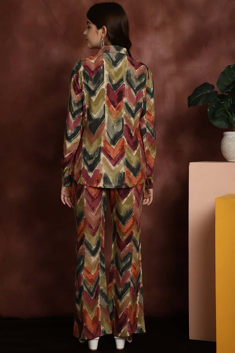 Green Abstract Printed Viscose Rayon Shirt with Trousers Co-Ord Set for Women | Claura